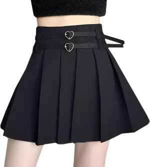 Women's Mini Skirts Casual A Line High Waist Pleated Skirts Cute Heart Double Belt Fashion Skirts for Women