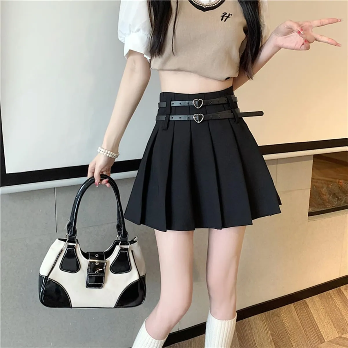 Women's Mini Skirts Casual A Line High Waist Pleated Skirts Cute Heart Double Belt Fashion Skirts for Women