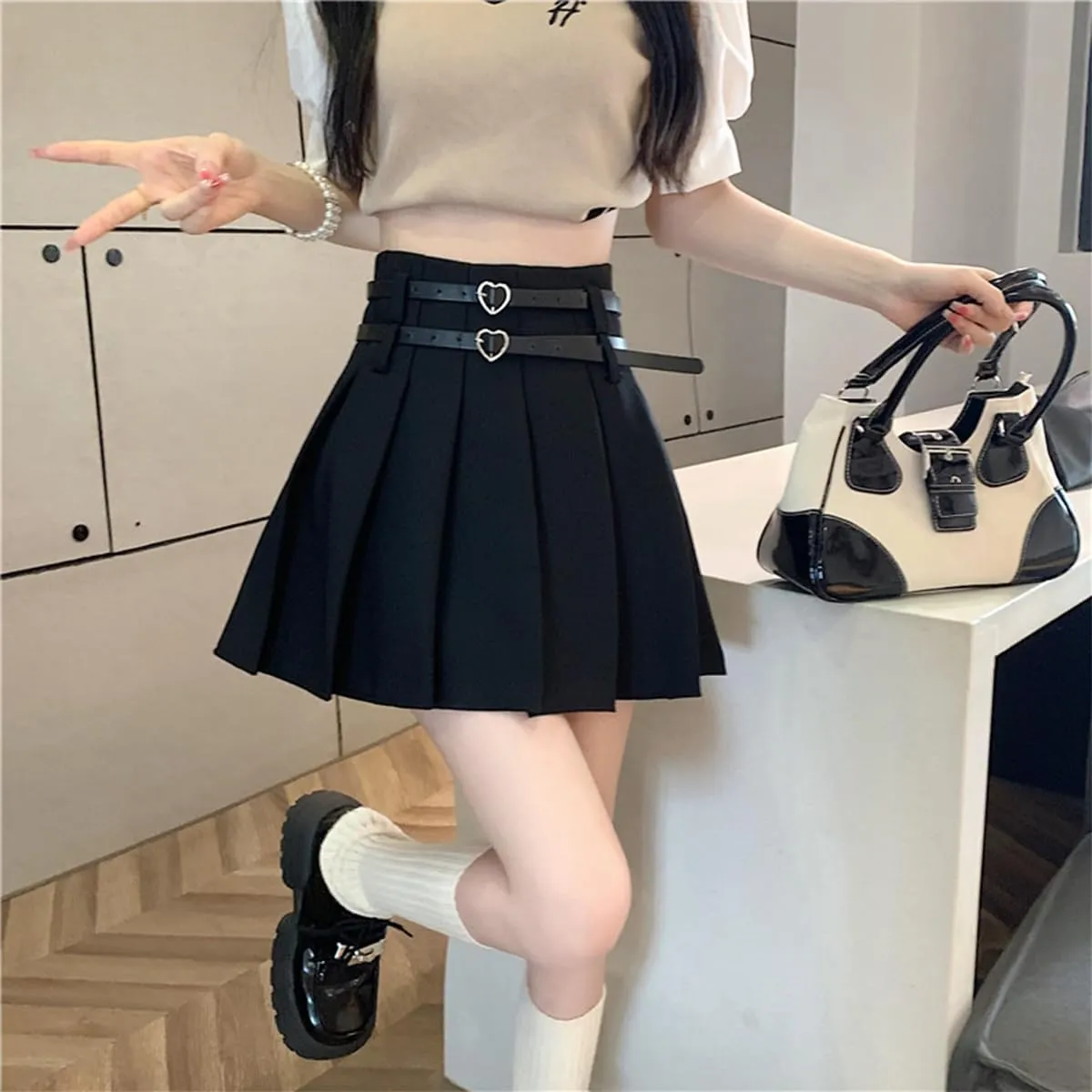Women's Mini Skirts Casual A Line High Waist Pleated Skirts Cute Heart Double Belt Fashion Skirts for Women