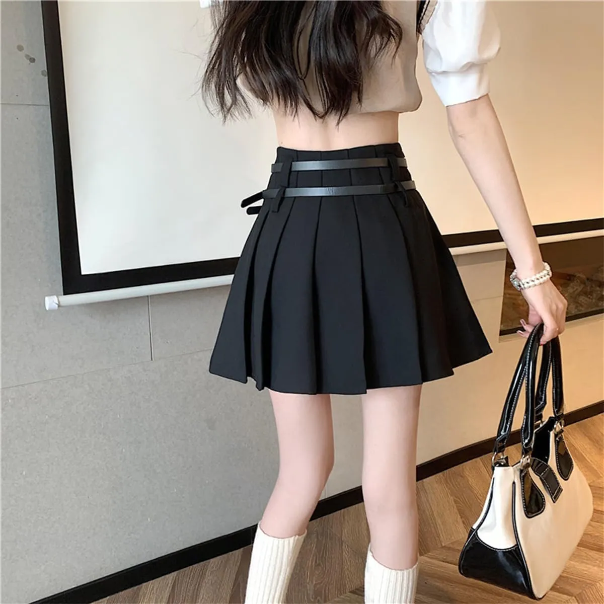 Women's Mini Skirts Casual A Line High Waist Pleated Skirts Cute Heart Double Belt Fashion Skirts for Women