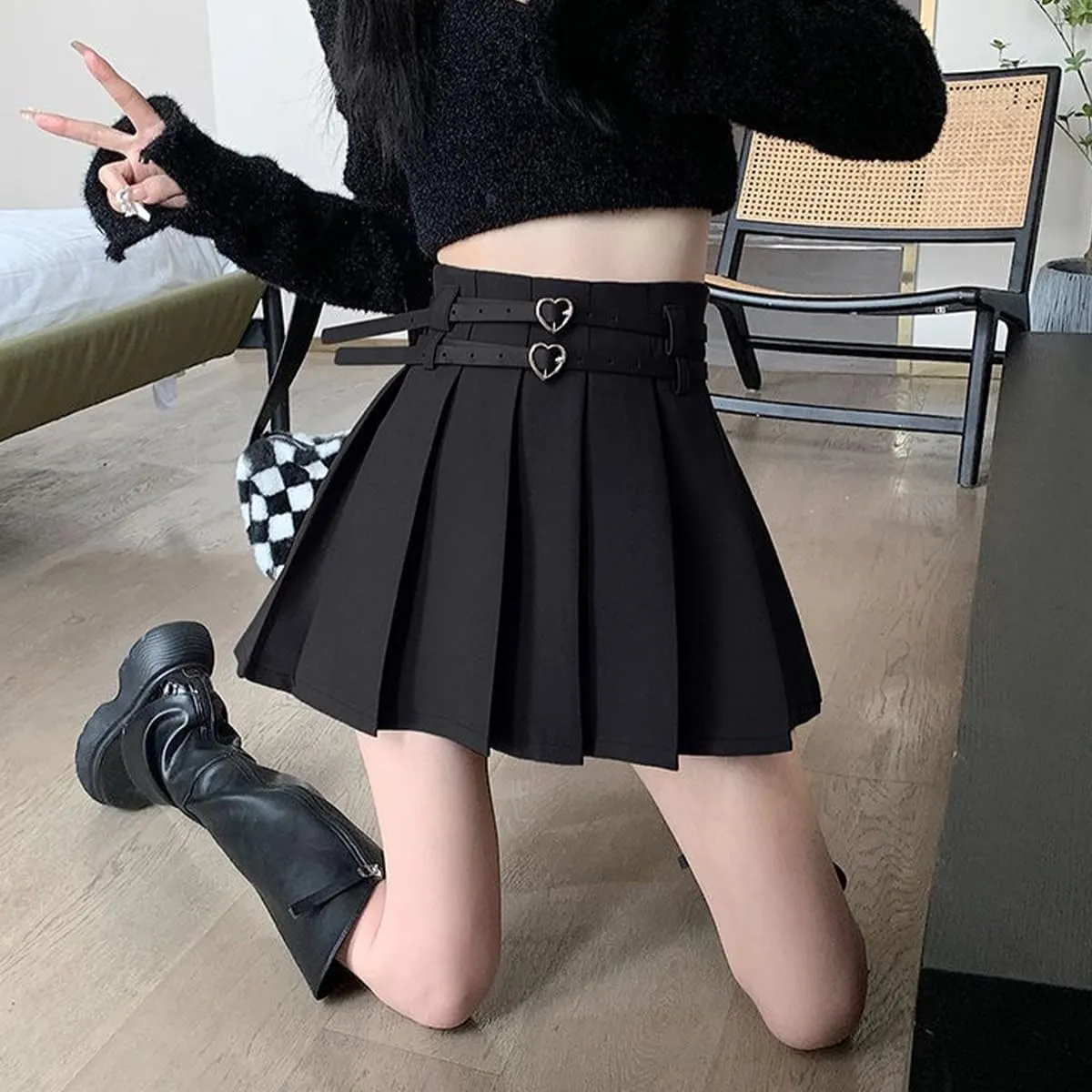 Women's Mini Skirts Casual A Line High Waist Pleated Skirts Cute Heart Double Belt Fashion Skirts for Women