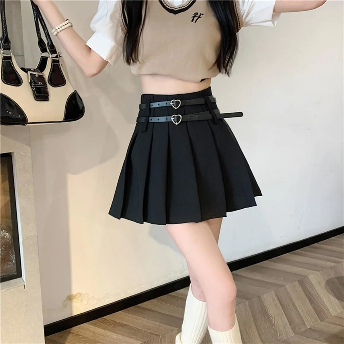 Women's Mini Skirts Casual A Line High Waist Pleated Skirts Cute Heart Double Belt Fashion Skirts for Women
