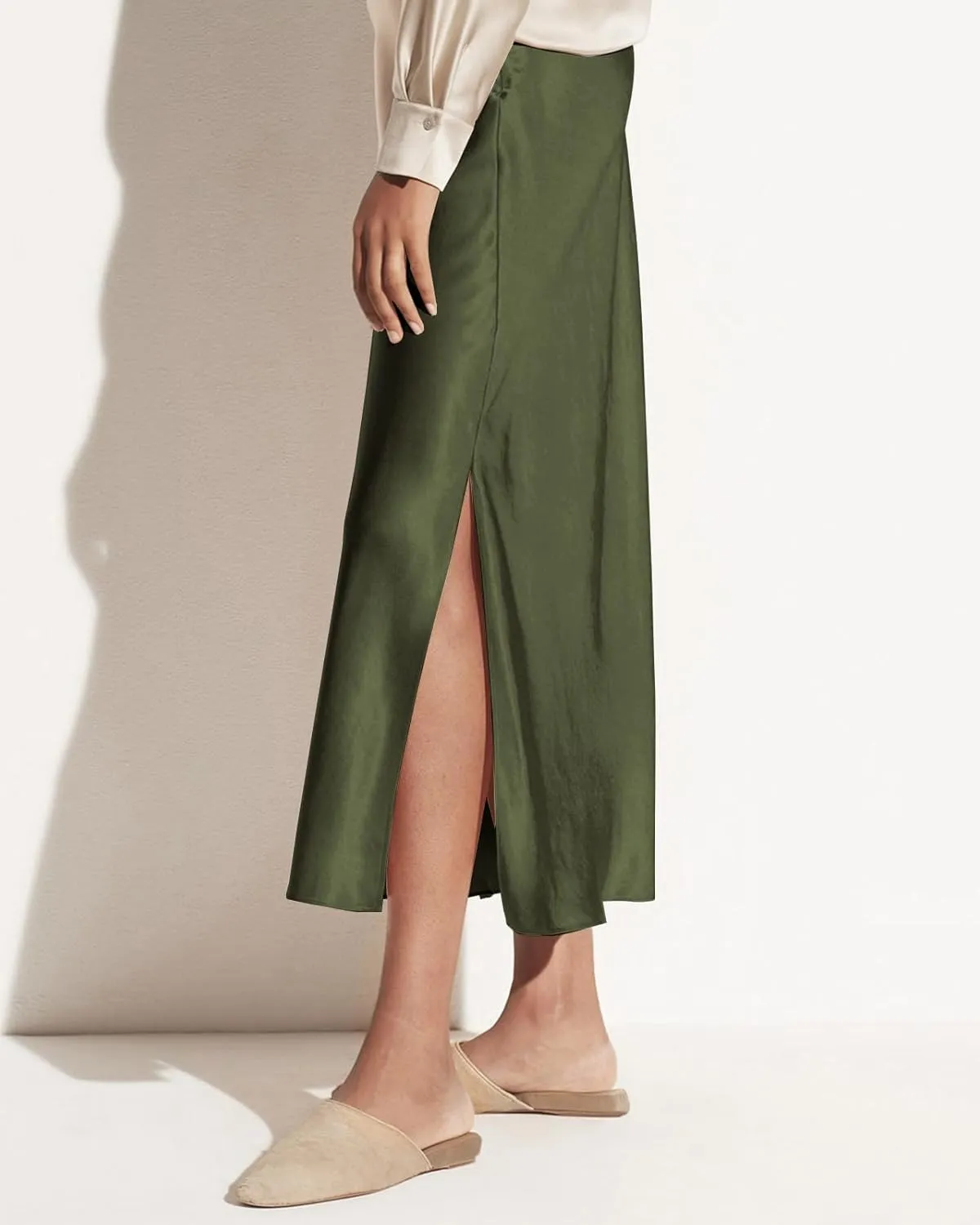 Women's Satin High Waisted Side Split Maxi Skirt Elastic Waistband Elegant Work Skirts Party A-Line Skirts