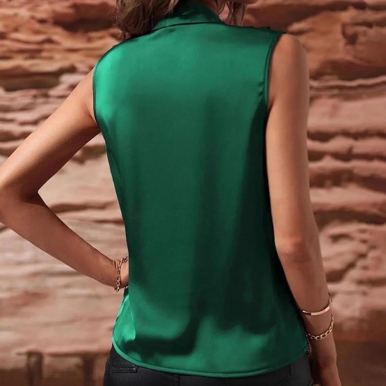 Women's Satin Silky Cowl Neck Drape Ruched Front Sleeveless Tank Blouse Shirts Top
