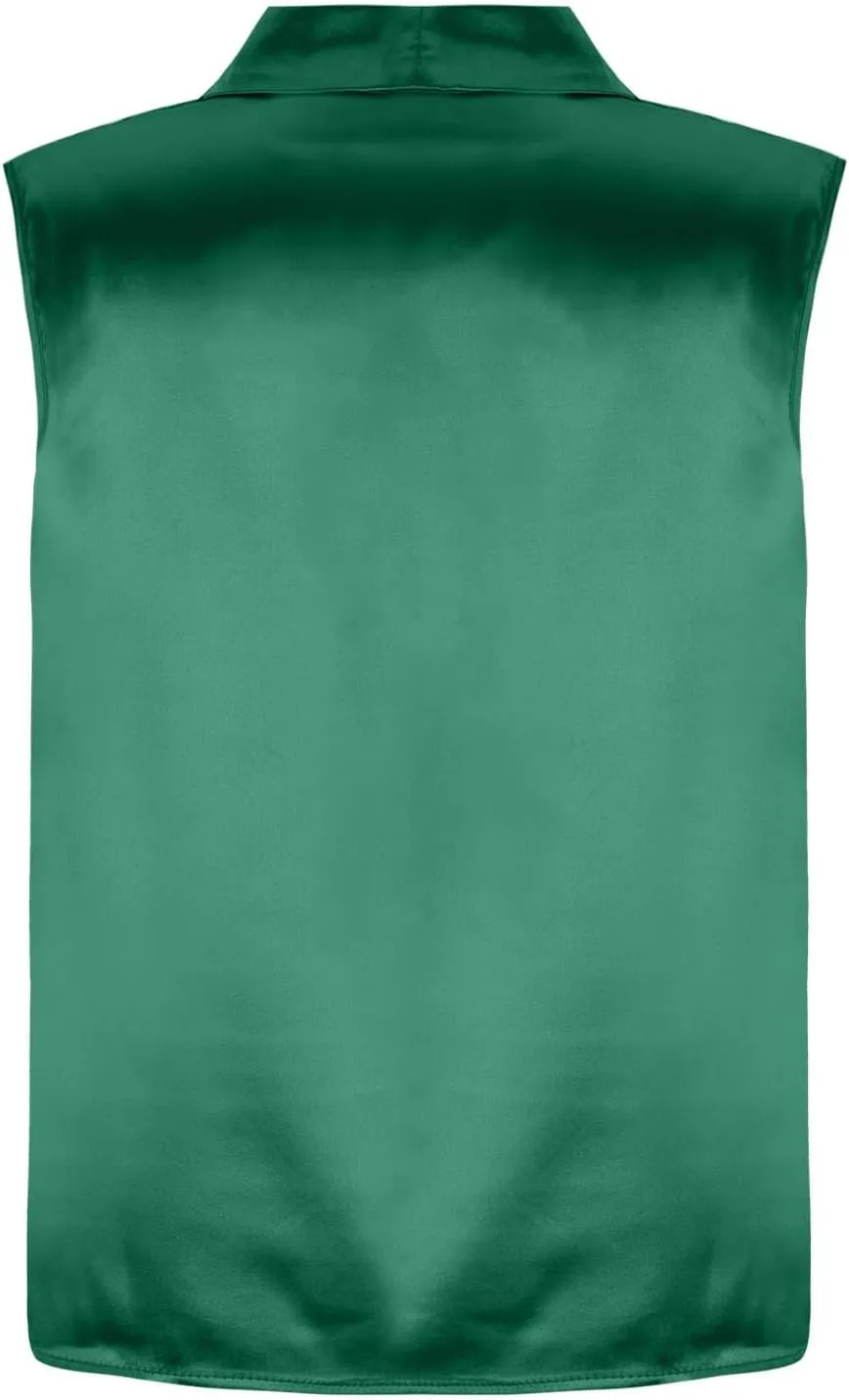 Women's Satin Silky Cowl Neck Drape Ruched Front Sleeveless Tank Blouse Shirts Top