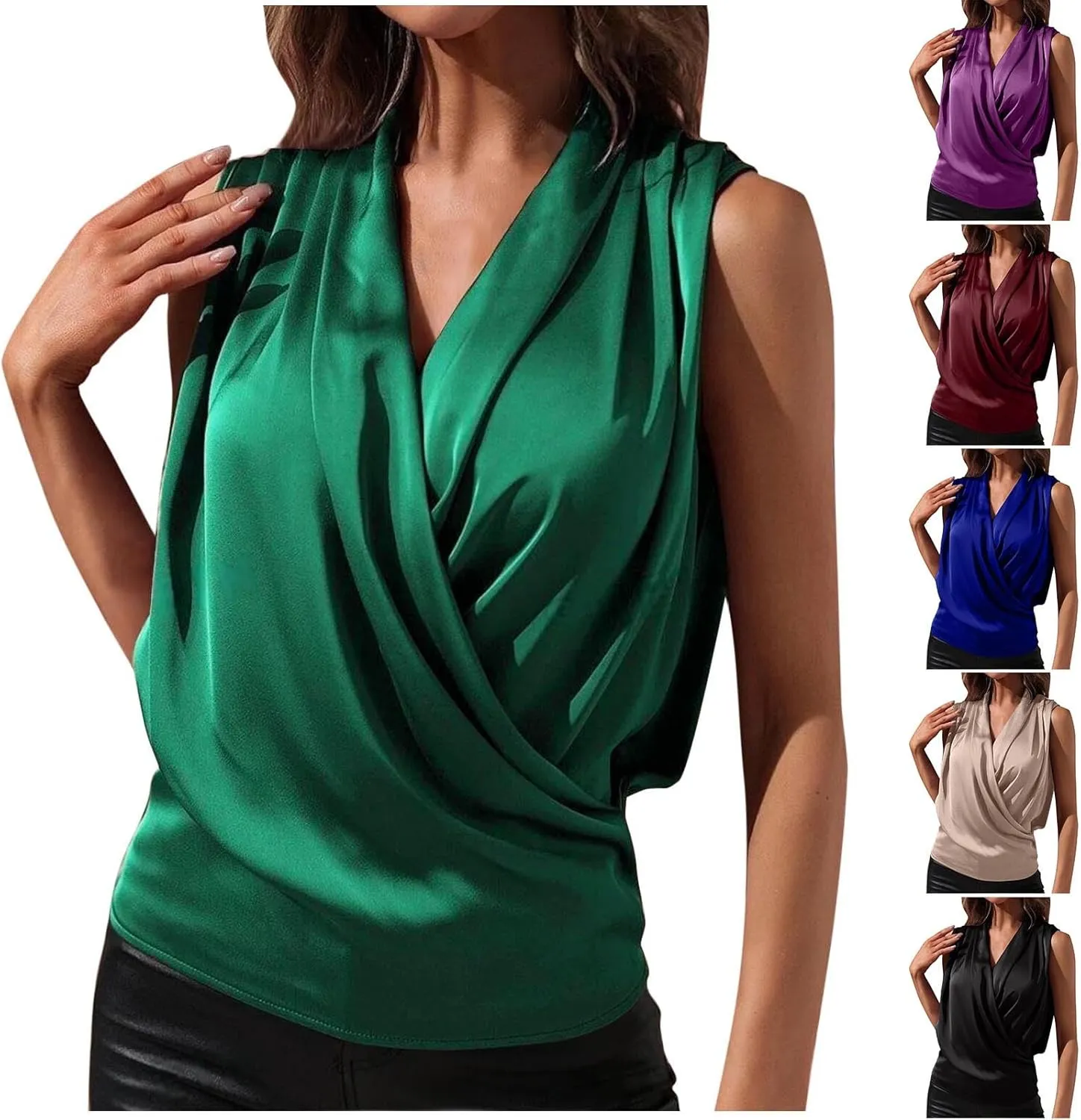 Women's Satin Silky Cowl Neck Drape Ruched Front Sleeveless Tank Blouse Shirts Top