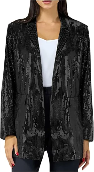 Women's Sequin Jackets Open Front Blazer Jacket Casual Long Sleeve Sparkly Cardigan Coat with Pocket 2024 Fashion