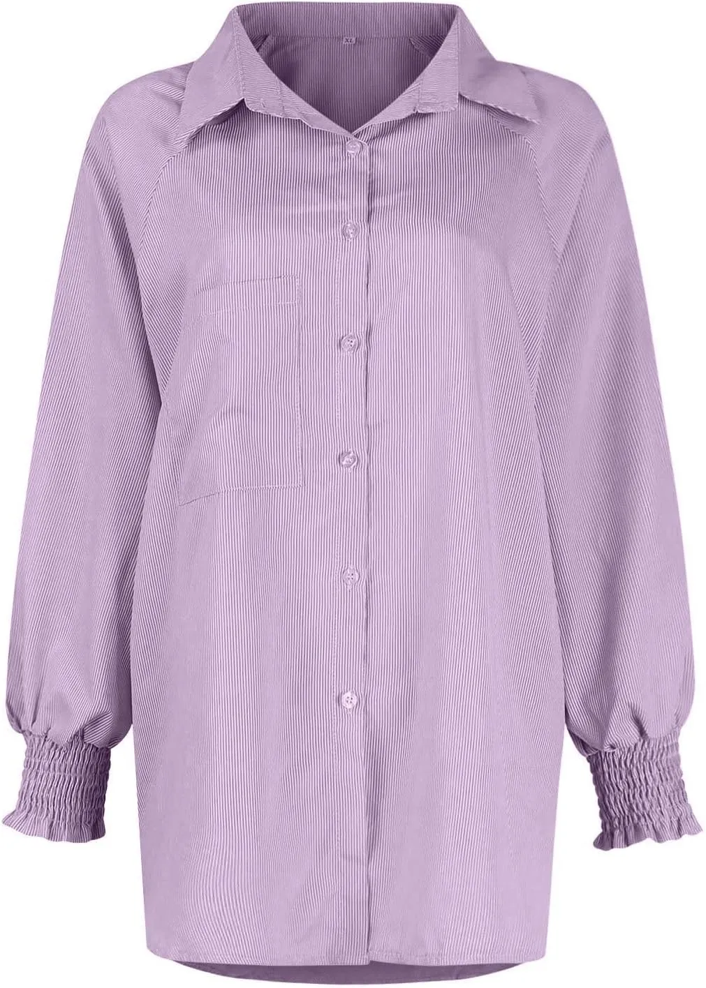 Womens Smocked Cuffed Striped Boyfriend Shirt Casual Collar Puff Sleeve Oversized Button Down Blouse Tops with Pocket Shirred