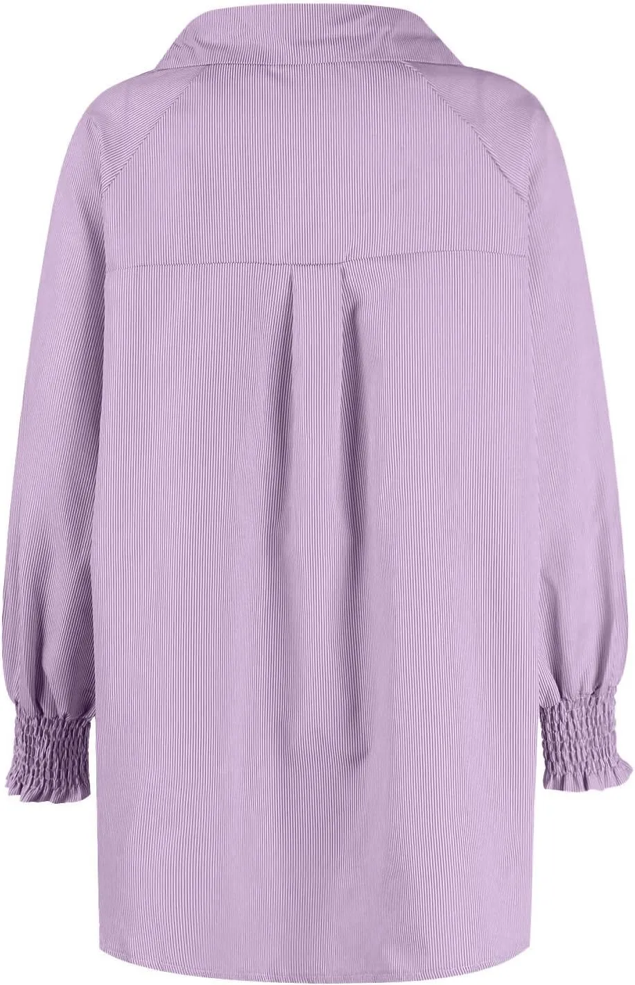 Womens Smocked Cuffed Striped Boyfriend Shirt Casual Collar Puff Sleeve Oversized Button Down Blouse Tops with Pocket Shirred