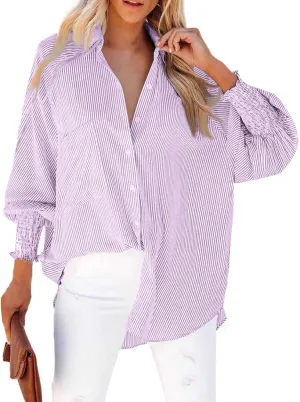 Womens Smocked Cuffed Striped Boyfriend Shirt Casual Collar Puff Sleeve Oversized Button Down Blouse Tops with Pocket Shirred