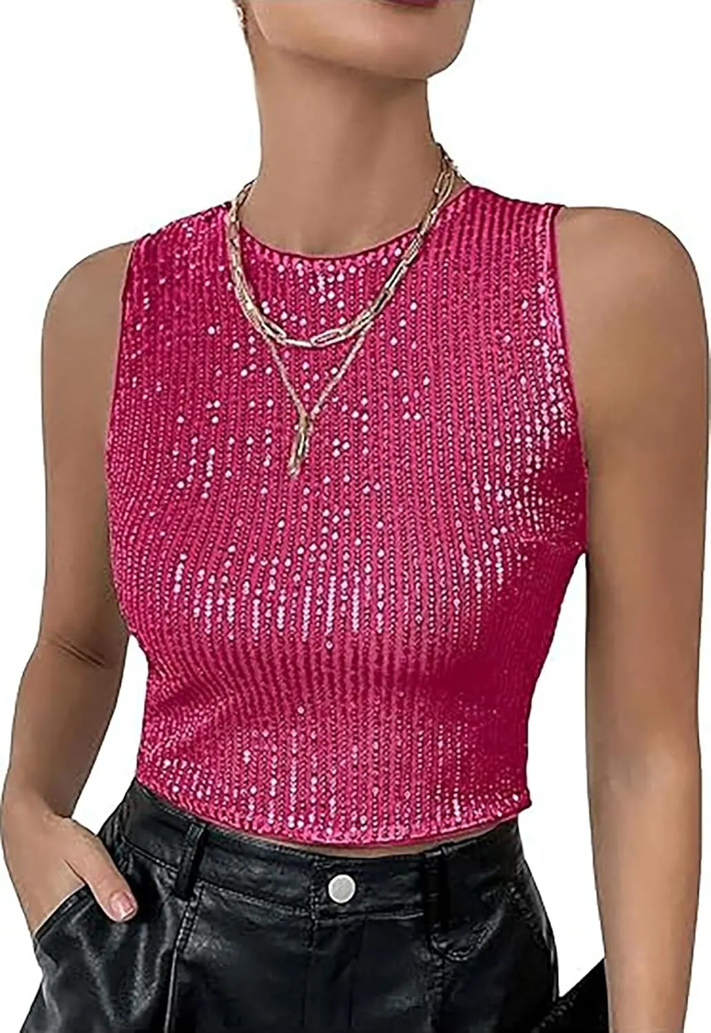 Womens Sparkly Sequin Slim Fitted Crop Tops Trendy Sleeveless Crew Neck Glitter Tank Tops Party Shimmer Vest Tops