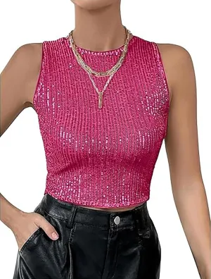 Womens Sparkly Sequin Slim Fitted Crop Tops Trendy Sleeveless Crew Neck Glitter Tank Tops Party Shimmer Vest Tops