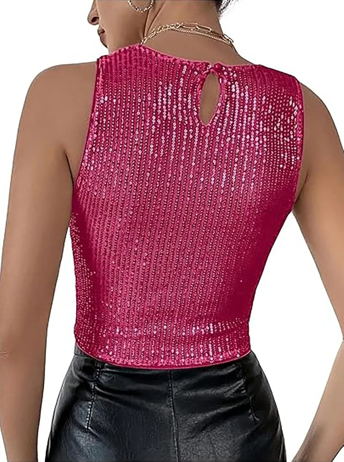 Womens Sparkly Sequin Slim Fitted Crop Tops Trendy Sleeveless Crew Neck Glitter Tank Tops Party Shimmer Vest Tops