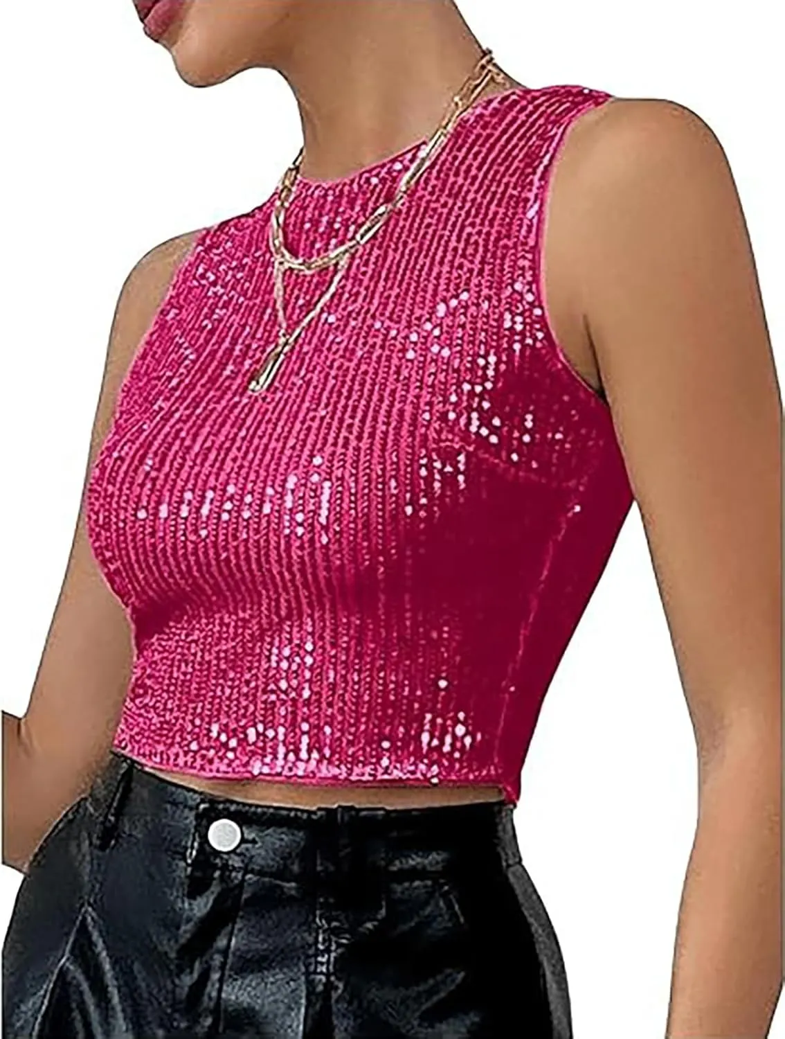 Womens Sparkly Sequin Slim Fitted Crop Tops Trendy Sleeveless Crew Neck Glitter Tank Tops Party Shimmer Vest Tops