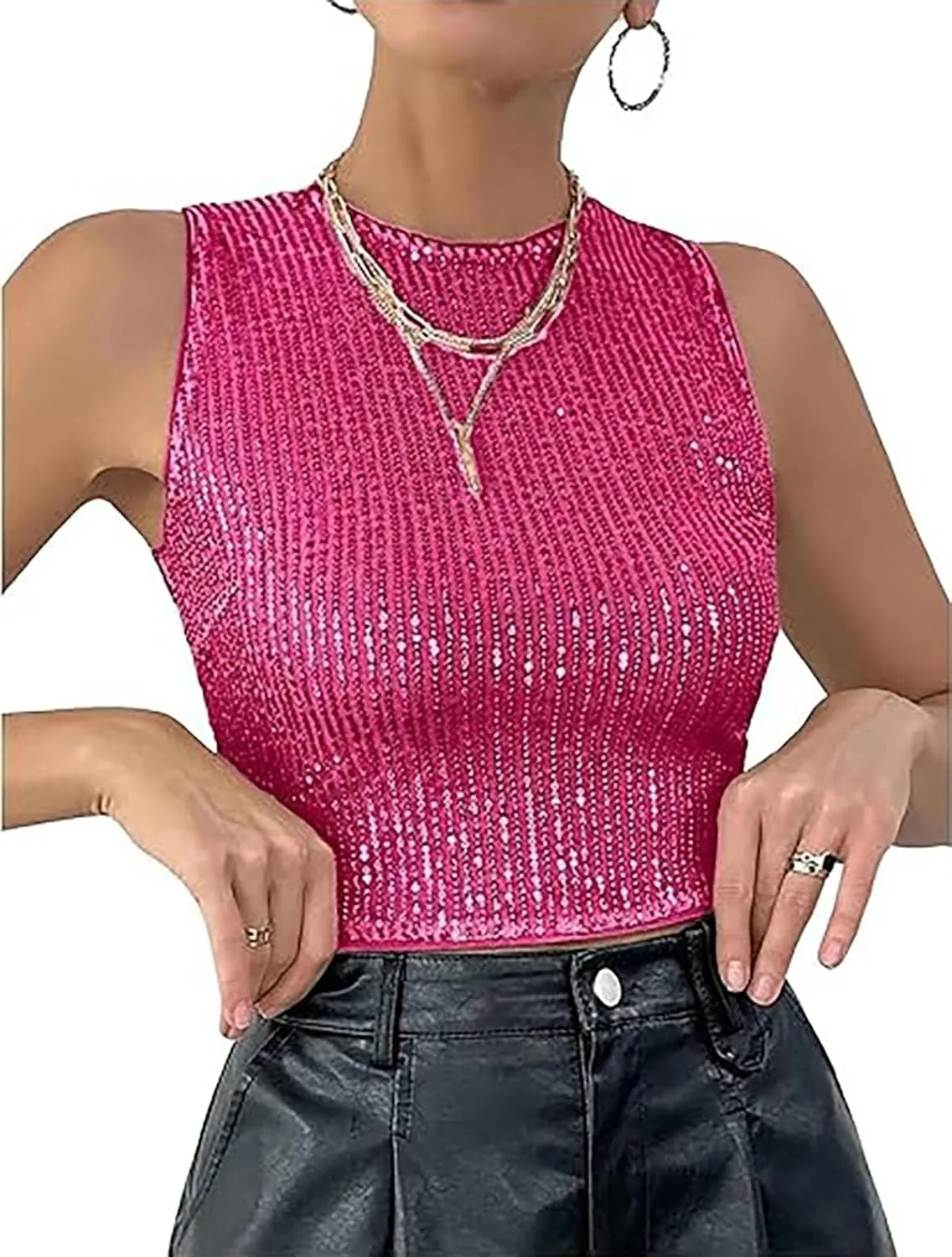 Womens Sparkly Sequin Slim Fitted Crop Tops Trendy Sleeveless Crew Neck Glitter Tank Tops Party Shimmer Vest Tops