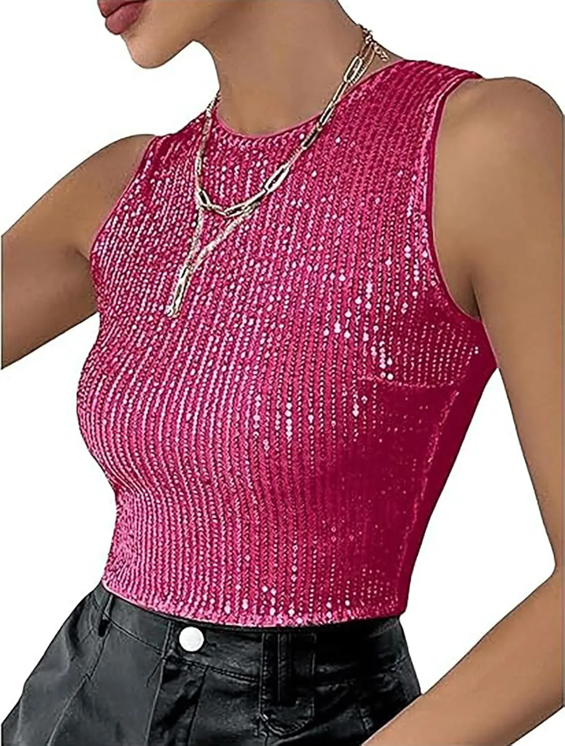 Womens Sparkly Sequin Slim Fitted Crop Tops Trendy Sleeveless Crew Neck Glitter Tank Tops Party Shimmer Vest Tops