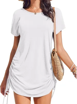 Womens Summer Casual Shift Dresses Beach Vacation Short Sleeve Round Neck Side Drawstring Mini Dress Tshirt Sundress