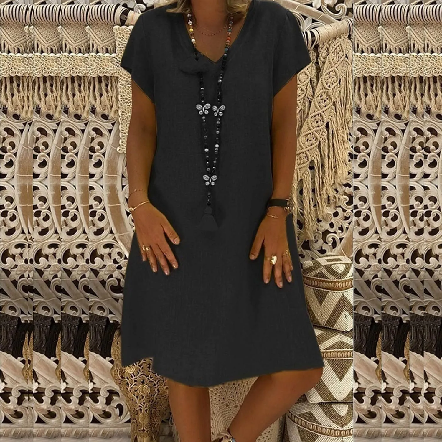 Women's Summer Cotton Linen Dress Loose V-Neck Short Sleeve T-Shirt Dress Solid Beach Dress Casual Maxi Dresses