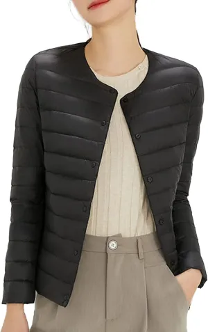 Womens Ultra Lightweight Packable Short Down Jacket Fashion Collarless Button Down Quilted Puffer Parka Coats Outwear