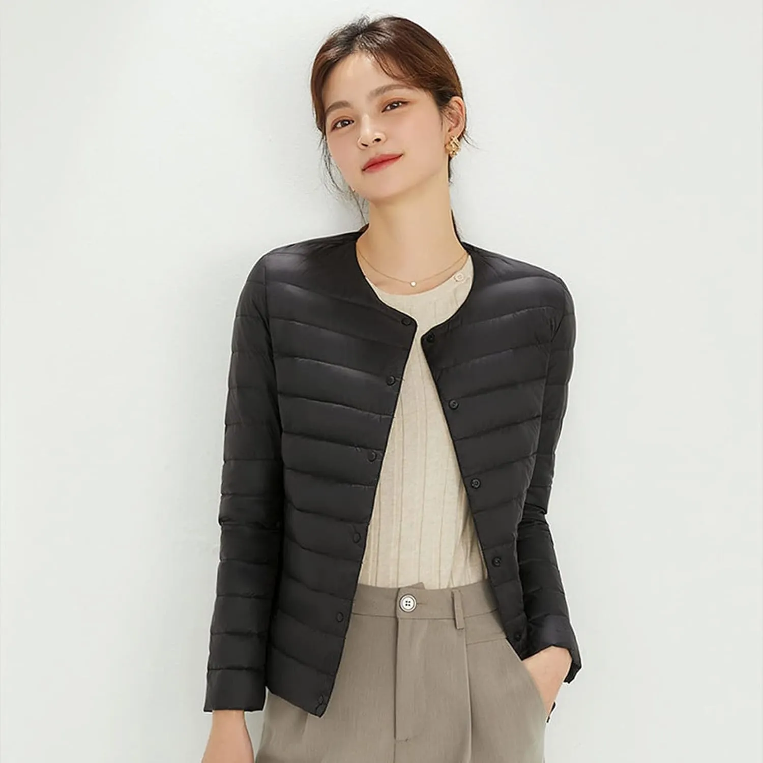Womens Ultra Lightweight Packable Short Down Jacket Fashion Collarless Button Down Quilted Puffer Parka Coats Outwear