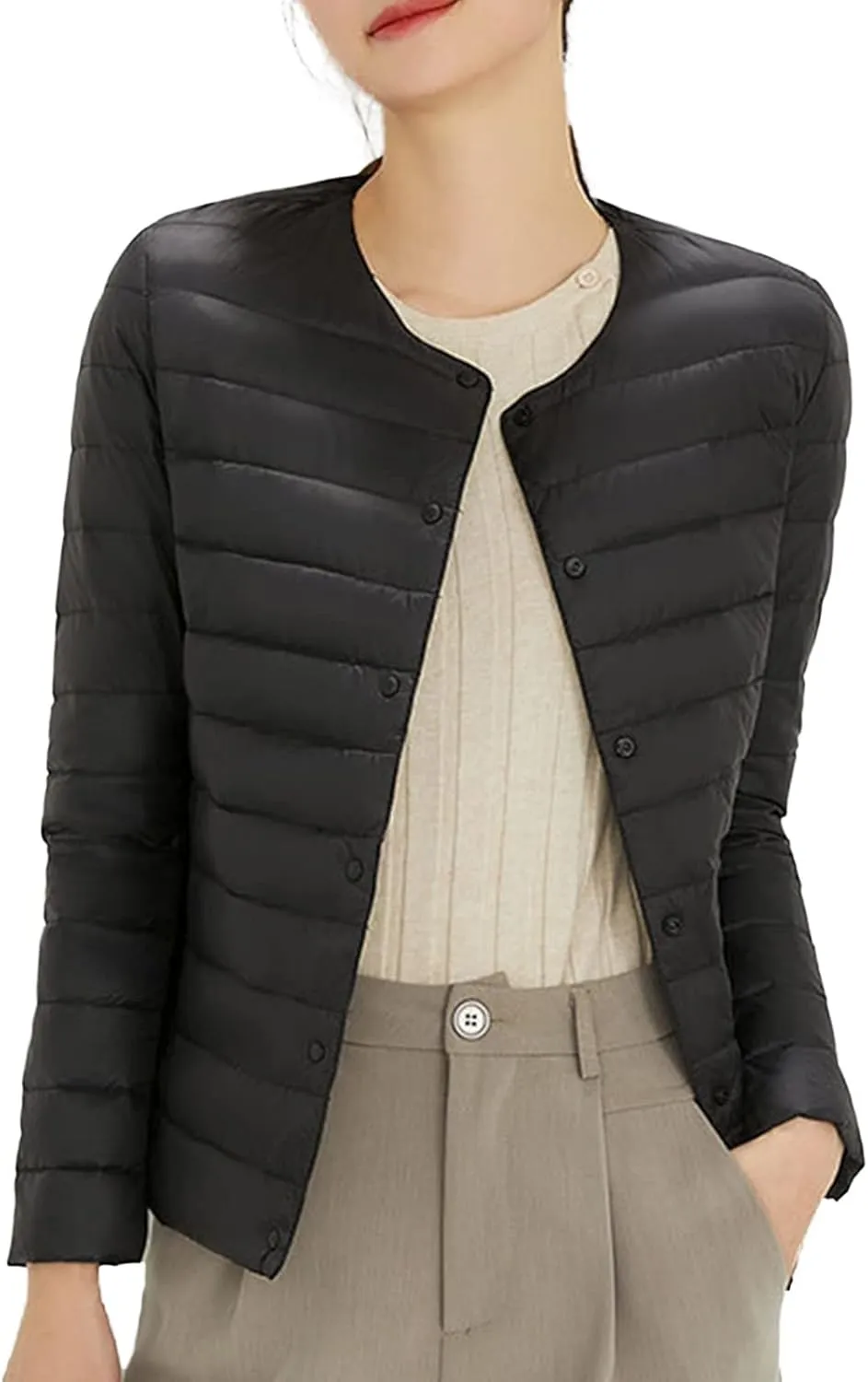 Womens Ultra Lightweight Packable Short Down Jacket Fashion Collarless Button Down Quilted Puffer Parka Coats Outwear