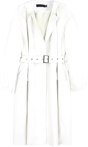 Women’s White Genuine Sheepskin Pleated Neckline Loose Luxury Casual Korean Fashion Stylish Belted Leather Coat